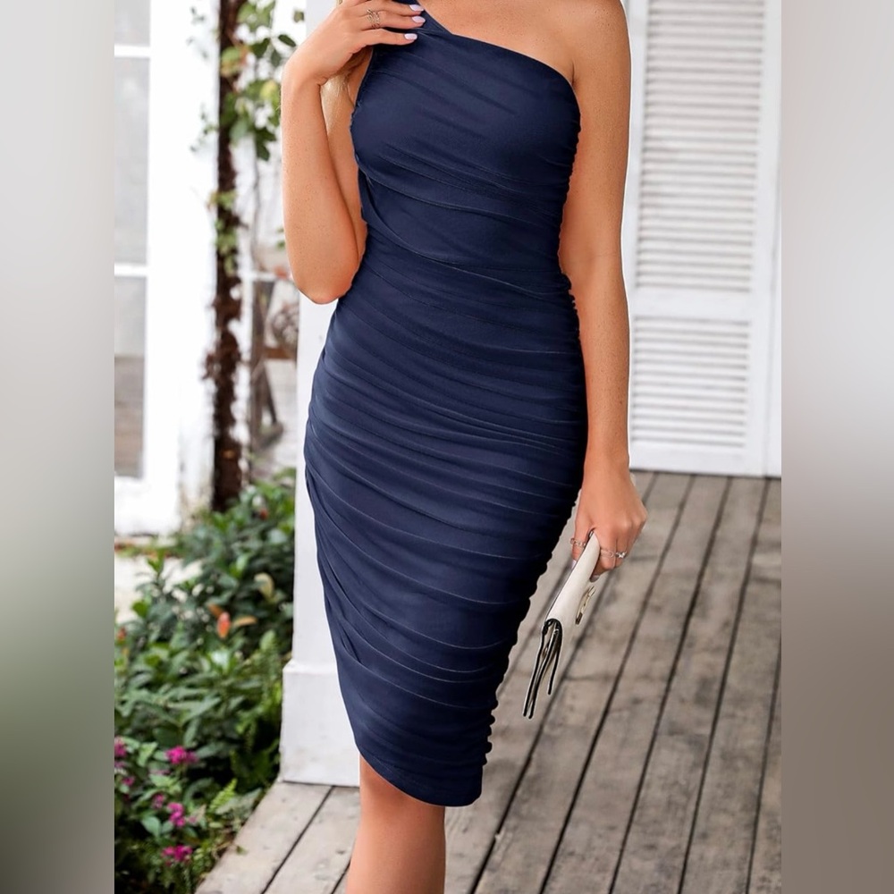 Elegant Navy One-Shoulder Dress PTP 19.5 inches to 21.5" - Picture 5 of 11